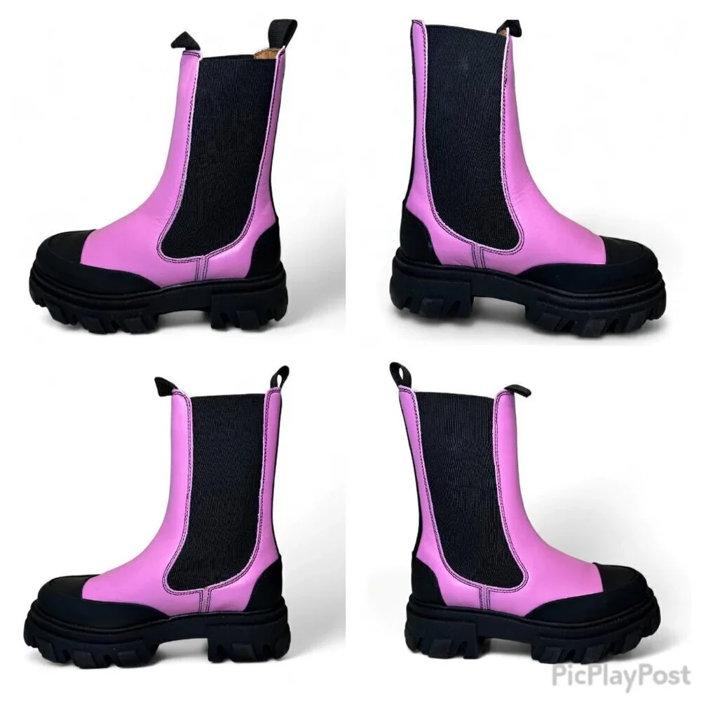GANNI Pink/Black Cleated Platform Mid Chelsea boots, EU 37, NEW IN BOX